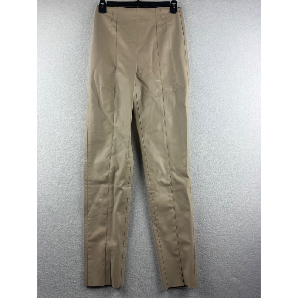 Zara Womens Beige Faux Leather High Rise Seam Detail Slim Leggings Size Small